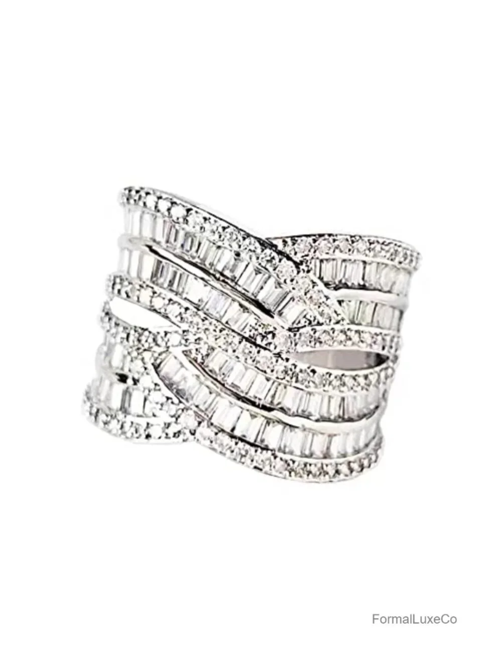 Sterling Silver Cubic Zirconia Cocktail Ring Criss Cross Multi Row Band